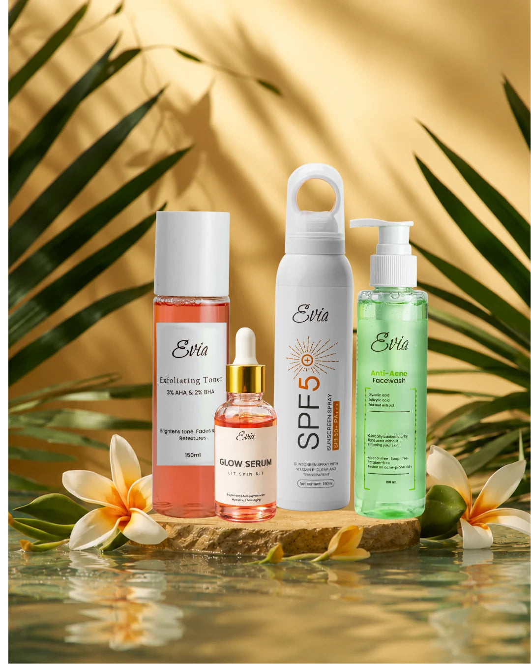 Evia.pk Skincare Collection β Dermatologist-Inspired Products for Pakistani Skin Evia skincare products β Exfoliating Toner, Glow Serum, SPF 50 Sunscreen and Anti-Acne Facewash for Pakistani skin